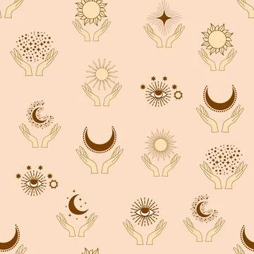 Magic seamless pattern with constellations, sun, moon, magic eyes, clouds a.. Stock Illustration