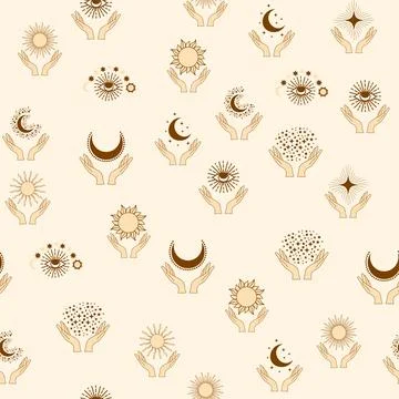 Magic seamless pattern with constellations, sun, moon, magic eyes, clouds and Stock Illustration