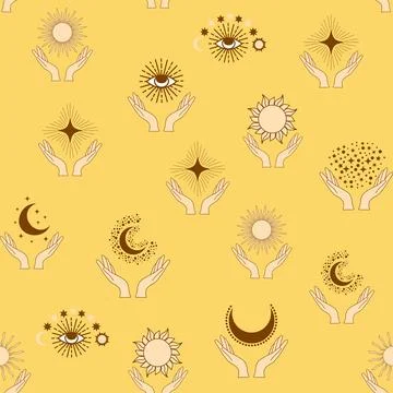 Magic seamless pattern with constellations, sun, moon, magic eyes, clouds and Stock Illustration