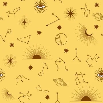 Magic seamless pattern with constellations, sun, moon, magic eyes, clouds a.. 스톡 일러스트