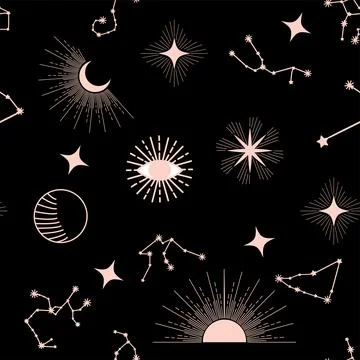 Magic seamless pattern with constellations, sun, moon, magic eyes, clouds a.. Stock Illustration