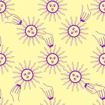 Magic seamless pattern with constellations, sun, moon, magic eyes, clouds and Stock Illustration