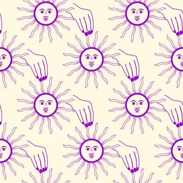 Magic seamless pattern with constellations, sun, moon, magic eyes, clouds and Stock Illustration
