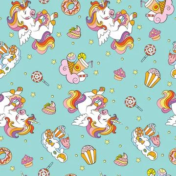 Magic seamless pattern with cute unicorns and sweets Stock Illustration