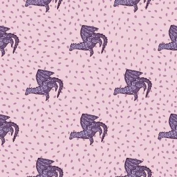 Magic seamless pattern with dragons purple ornament. Pink background with dot Stock Illustration