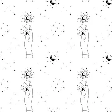 Magic seamless pattern with hand Sun moon and stars. Mystical esoteric and Stock Illustration