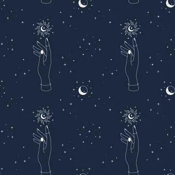 Magic seamless pattern with hand Sun moon and stars. Mystical esoteric and Stock Illustration