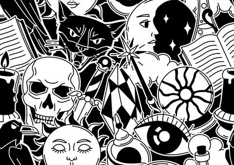 Magic seamless pattern with mystery items. Mystic, alchemy, spirituality symbols Illustrazione stock