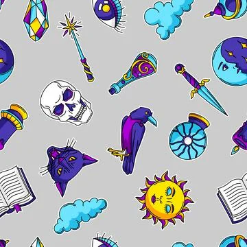 Magic seamless pattern with mystery items. Mystic, alchemy, spirituality symbols Stock Illustration