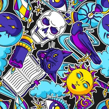 Magic seamless pattern with mystery items. Mystic, alchemy, spirituality symbols Stock Illustration