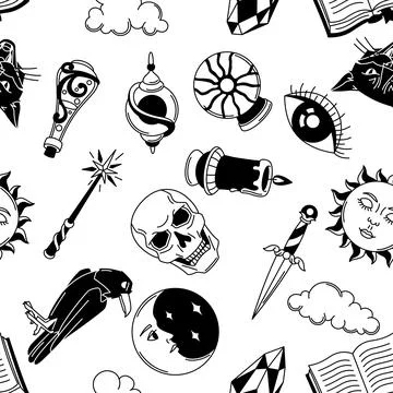 Magic seamless pattern with mystery items. Mystic, alchemy, spirituality symbols Illustrazione stock