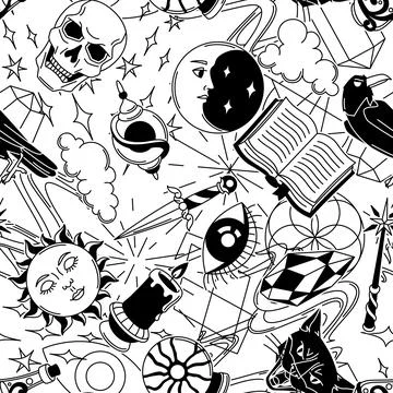 Magic seamless pattern with mystery items. Mystic, alchemy, spirituality symbols Illustrazione stock