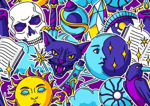 Magic seamless pattern with mystery items. Mystic, alchemy, spirituality symbols Illustrazione stock