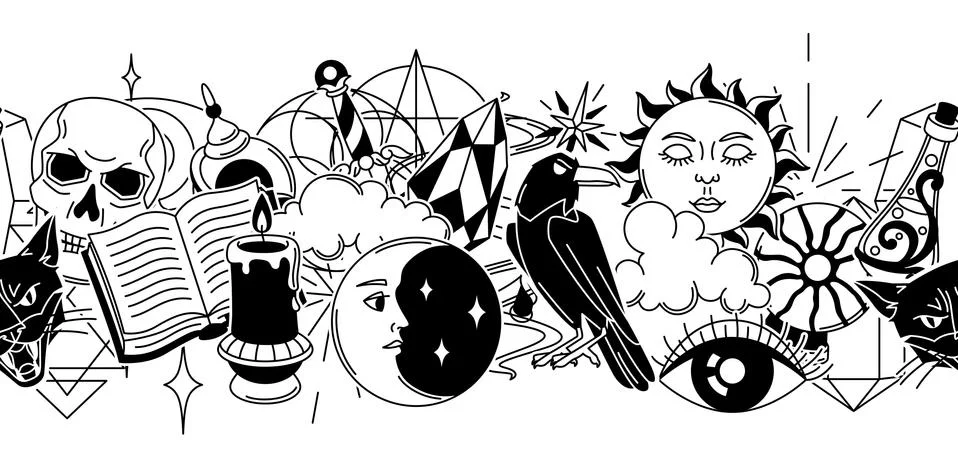 Magic seamless pattern with mystery items. Mystic, alchemy, spirituality symbols Stock Illustration