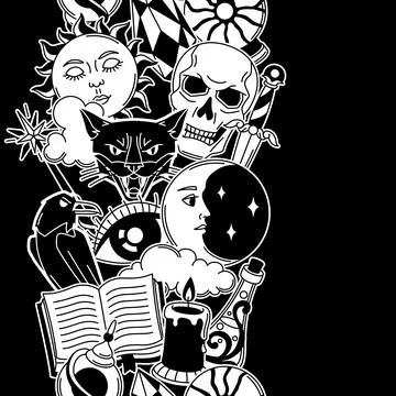 Magic seamless pattern with mystery items. Mystic, alchemy, spirituality symbols Illustrazione stock