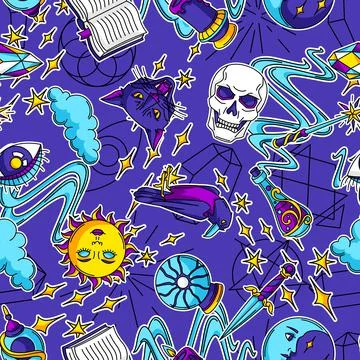 Magic seamless pattern with mystery items. Mystic, alchemy, spirituality symbols Illustrazione stock