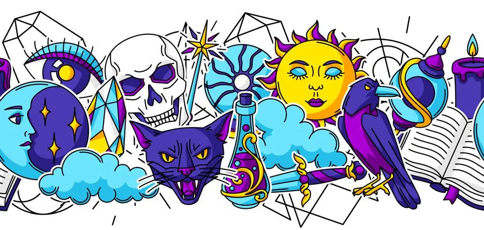 Magic seamless pattern with mystery items. Mystic, alchemy, spirituality symbols Stock Illustration