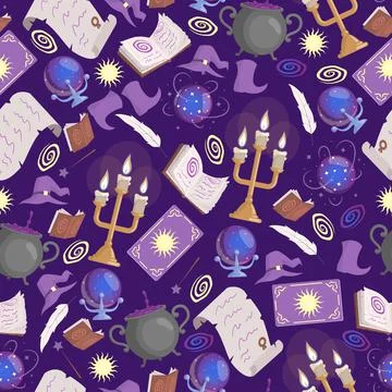 Magic seamless pattern. Preparing poison in cauldron, taro cards, candles Stock Illustration