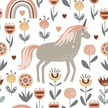 Magic seamless pattern with unicorn among doodle flowers in fairy garden. Vector Stock Illustration