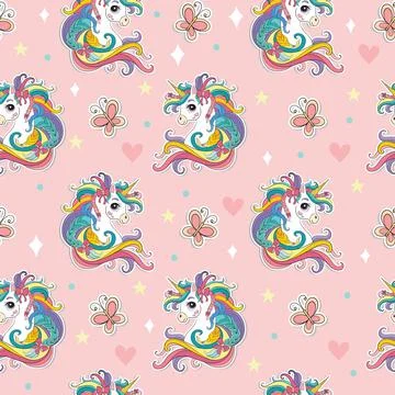 Magic seamless pattern with unicorn, butterflies, stars pink vector 스톡 일러스트