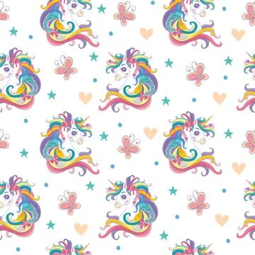 Magic seamless pattern with unicorn, butterflies, stars white vector Stockillustratie