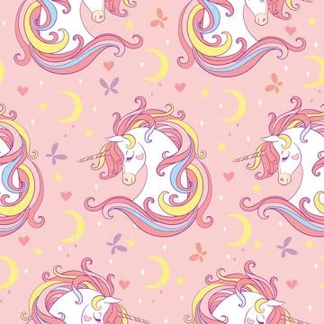 Magic seamless pattern with unicorn, moon, stars and butterflies Stock Illustration