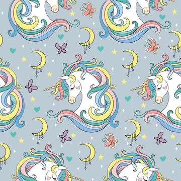 Magic seamless pattern with unicorn, rainbow, stars and butterflies Illustrazione stock