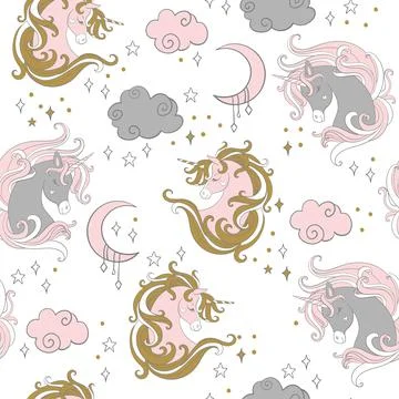 Magic seamless pattern with unicorn, stars, clouds and moon Stock Illustration