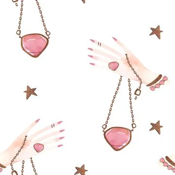 Magic seamless pattern. Woman's hand with a crystal on a chain and gold stars Stock Illustration