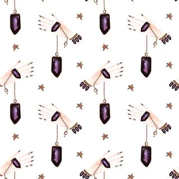 Magic seamless pattern. Woman's hand with a crystal on a chain and gold stars Stock Illustration