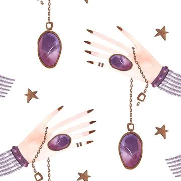 Magic seamless pattern. Woman's hand with a crystal on a chain and gold stars Stock Illustration