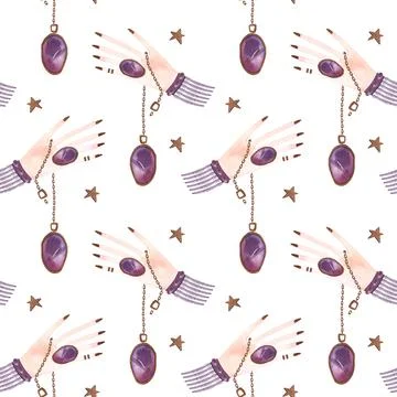 Magic seamless pattern. Woman's hand with a crystal on a chain Stock Illustration