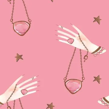 Magic seamless pattern. Woman's hand with a crystal on a chain and gold stars Stock Illustration