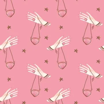 Magic seamless pattern. Woman's hand with a crystal on a chain Stock Illustration