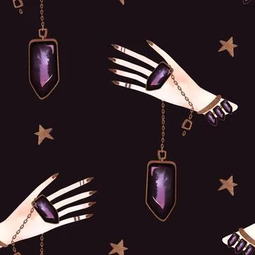 Magic seamless pattern. Woman's hand with a crystal on a chain and gold stars Stock Illustration