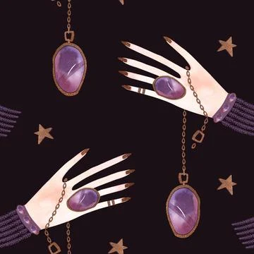Magic seamless pattern. Woman's hand with a crystal on a chain and gold stars Stock Illustration