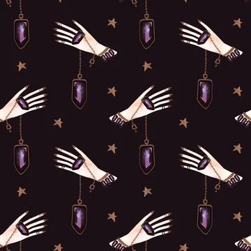 Magic seamless pattern. Woman's hand with a crystal on a chain and gold stars Stock Illustration