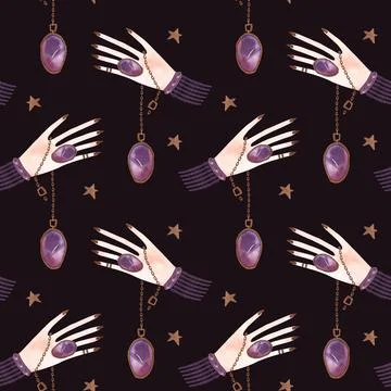 Magic seamless pattern. Woman's hand with a crystal on a chain and gold stars Stock Illustration