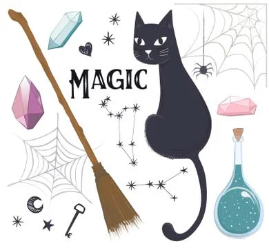 Magic set, cat, potion, broom, web, vector Stock Illustration