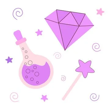 Magic set magic wand, crystal and potion, fantasy mood, cute objects to dec.. Illustrazione stock