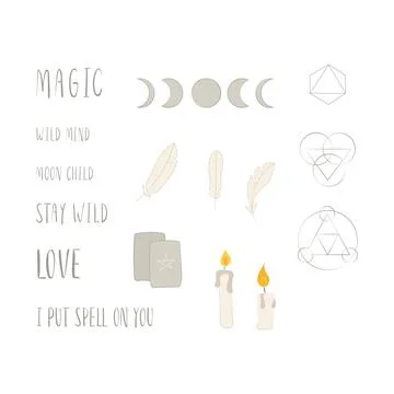 Magic set with words, feather, candle and sacred geometry Stock Illustration
