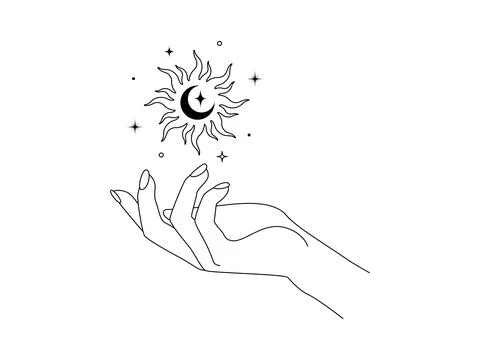 Magic shining sun and crescent moon in simple line art style. Outline alchemy Stock Illustration