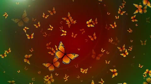 Magic Shiny Random Orange Monarch Wing Flying Swarm Butterflies Glitter Dust Stock Illustration