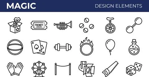 Magic Show Design Elements Line Icons Set. Stock Illustration