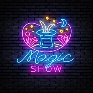 The magic show neon sign vector. Focus and entertainment Design template neon Illustrazione stock