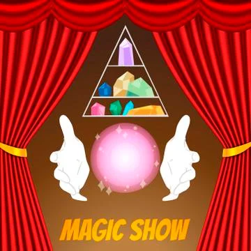 Magic Show poster vector template. Magician gloves, sphere, magical crystals and Stock Illustration