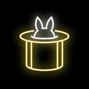 Magic show with rabbit appearing from hat neon sign on black background Stock Illustration