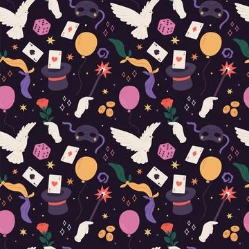 Magic show seamless pattern. Repeated illusionist performance accessories Stock Illustration