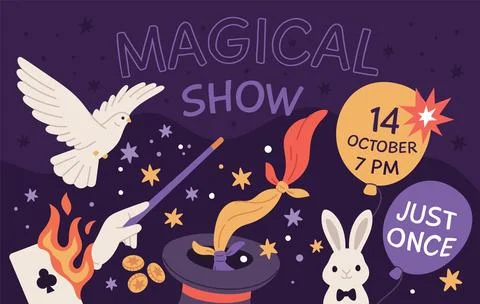 Magic show. Wizard tricks elements, illusionist performance invitation banner Stockillustratie