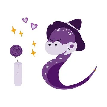 Magic sleeping snake and rose bud in test tube with decorative stars and hearts イラスト素材
